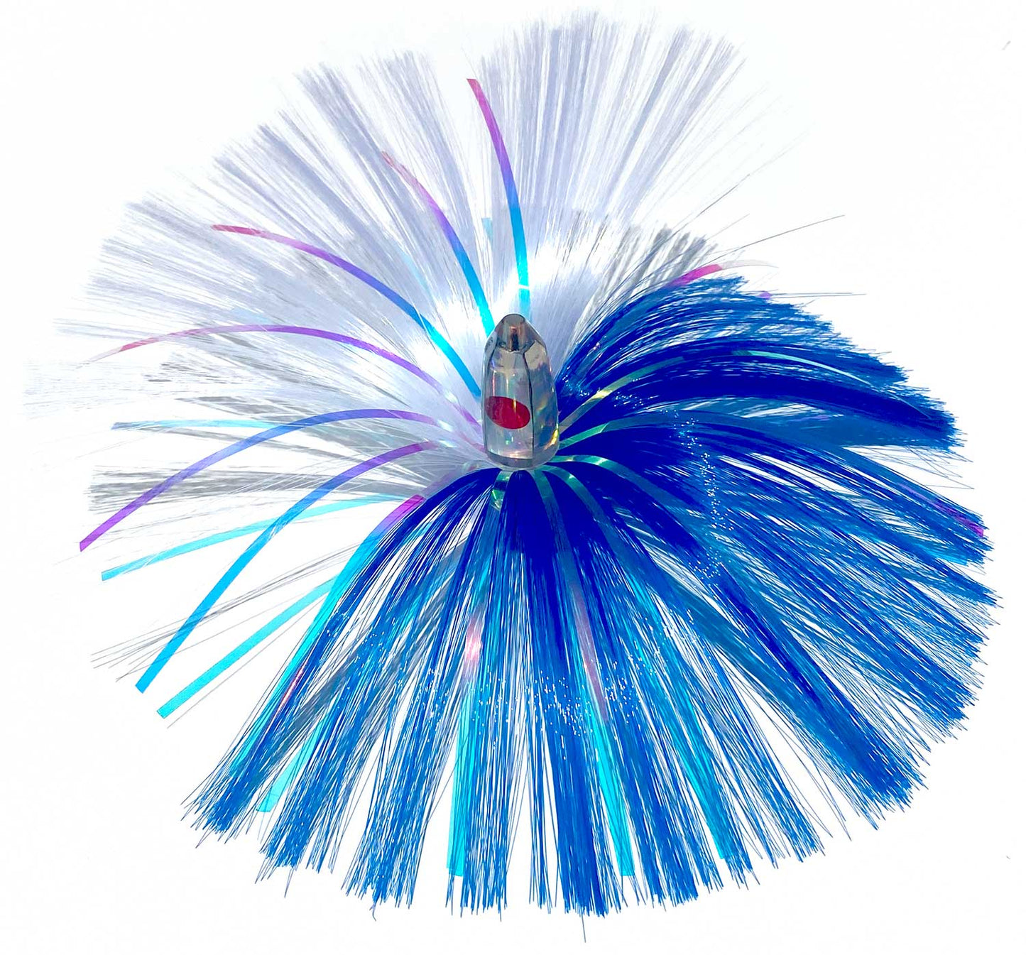 1oz HooSkull Mirror Head Witch Hair Trolling Lure – blue and white witch hair with multicolor mylar flash