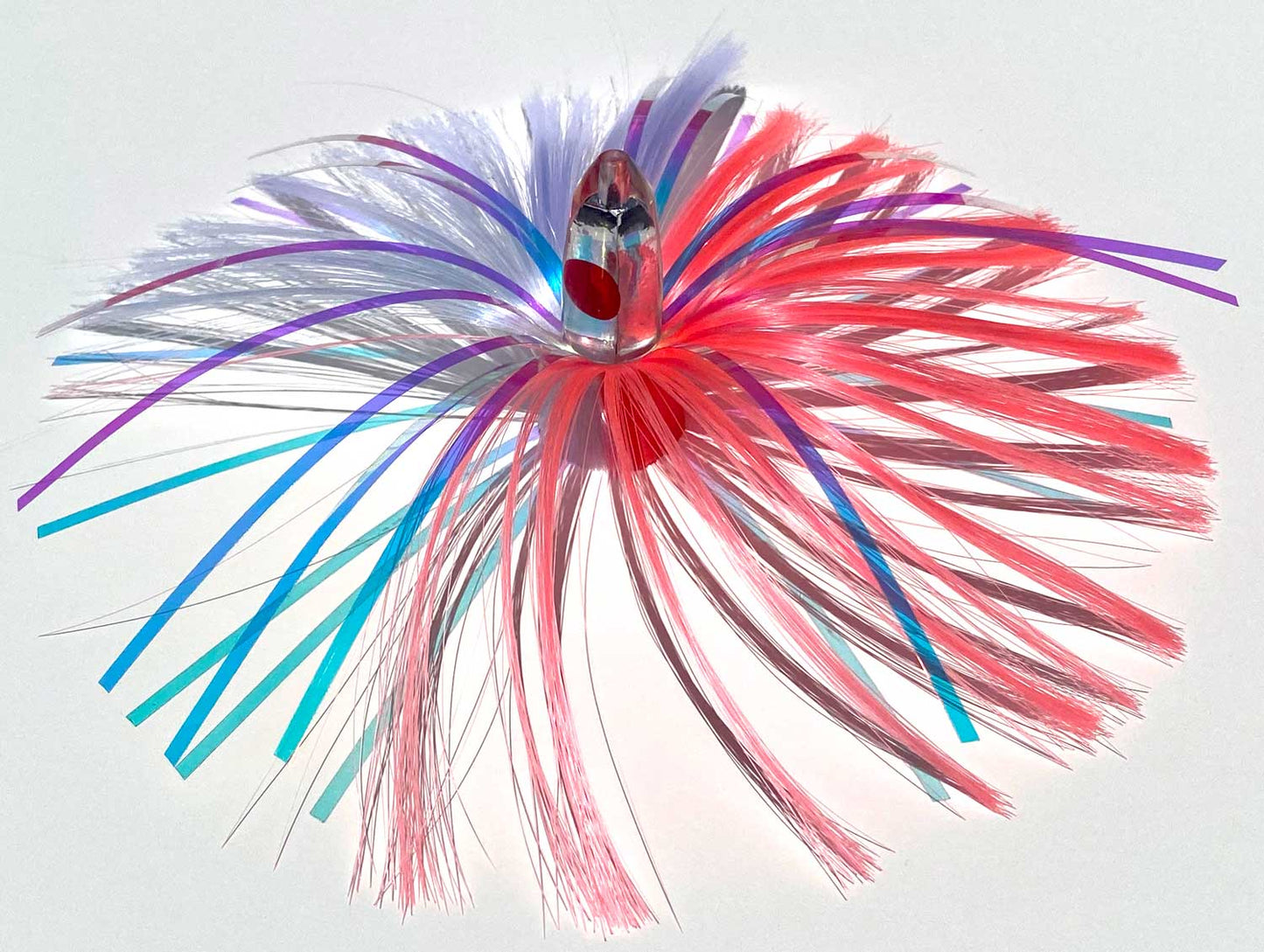 1oz HooSkull Mirror Head Witch Hair Trolling Lure – pink and white witch hair with multicolor mylar flash