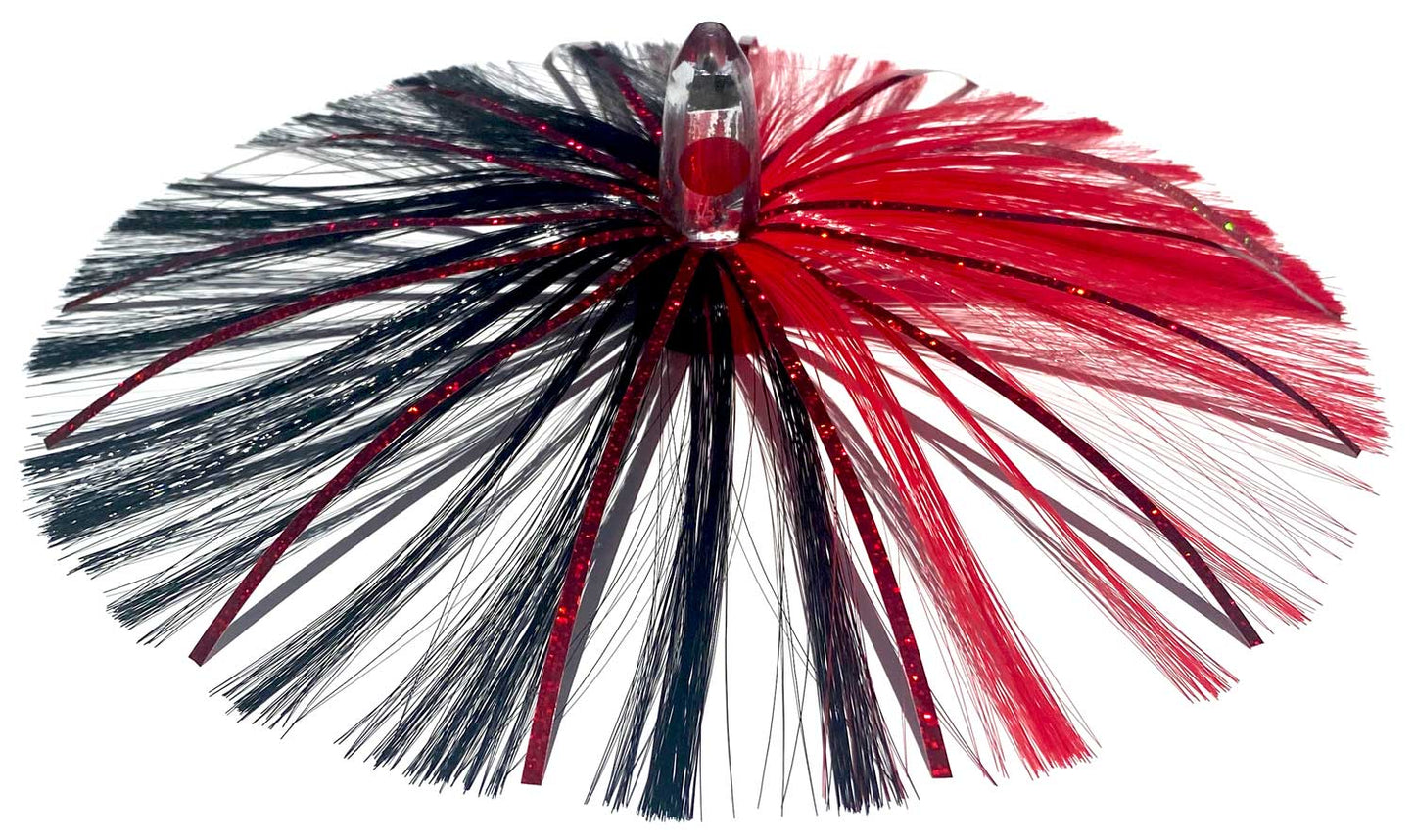 1oz HooSkull Mirror Head Witch Hair Trolling Lure – red and black witch hair with red mylar flash