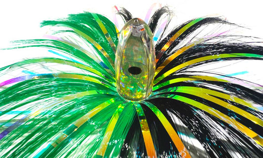 Close-up of the 3oz HooSkull crystal mirror head with green/black witch hair and mylar flash