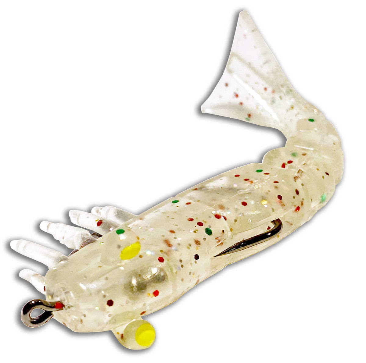 Angled view of Moon Tide Clear Glitter shrimp lure showing glitter finish and hook