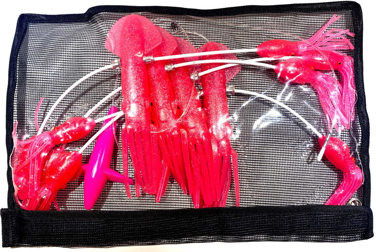 Pink daisy chain in black mesh storage bag