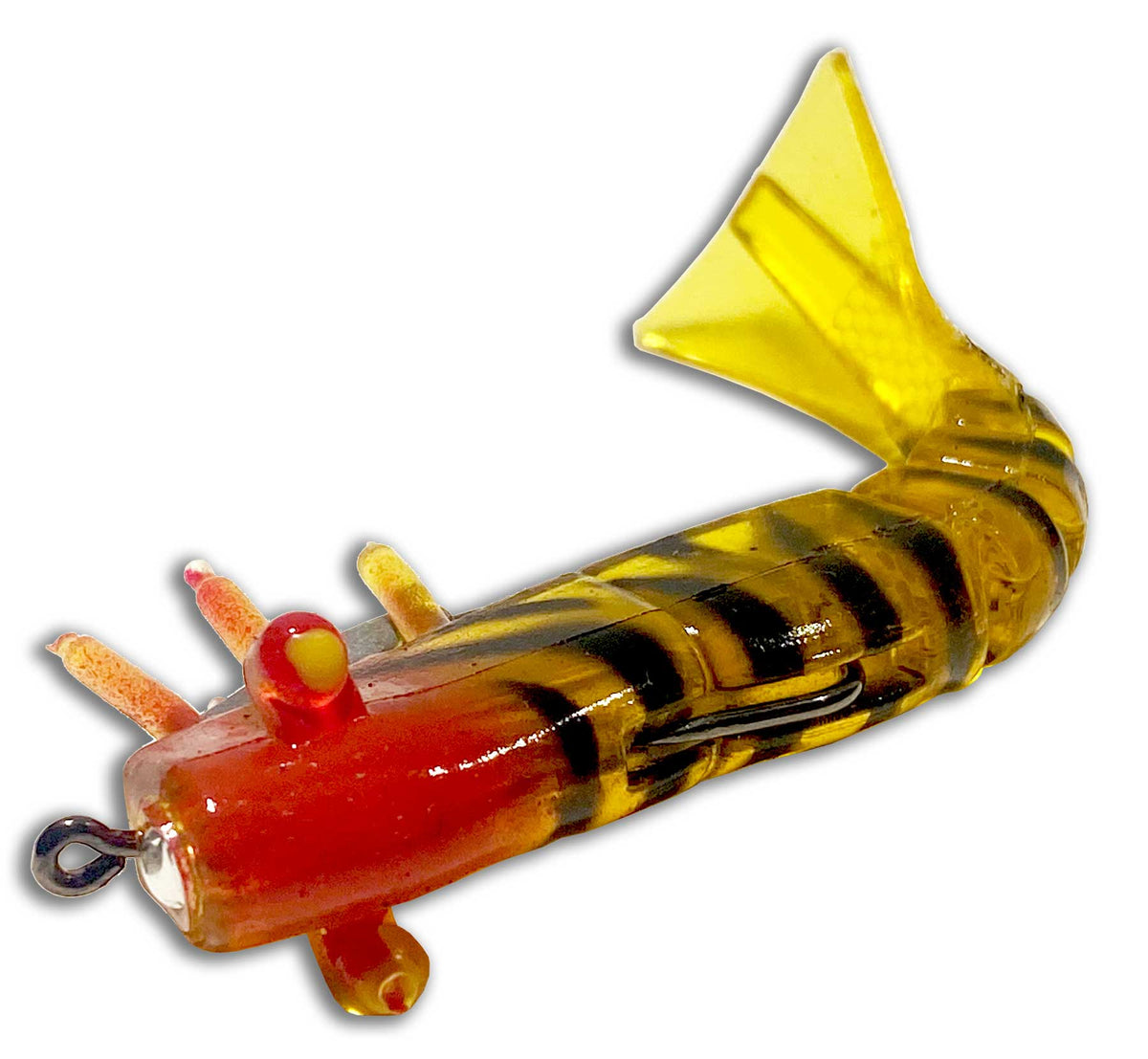 Angled view of Moon Tide Tiger Striped artificial shrimp lure showing black stripes and orange-red head