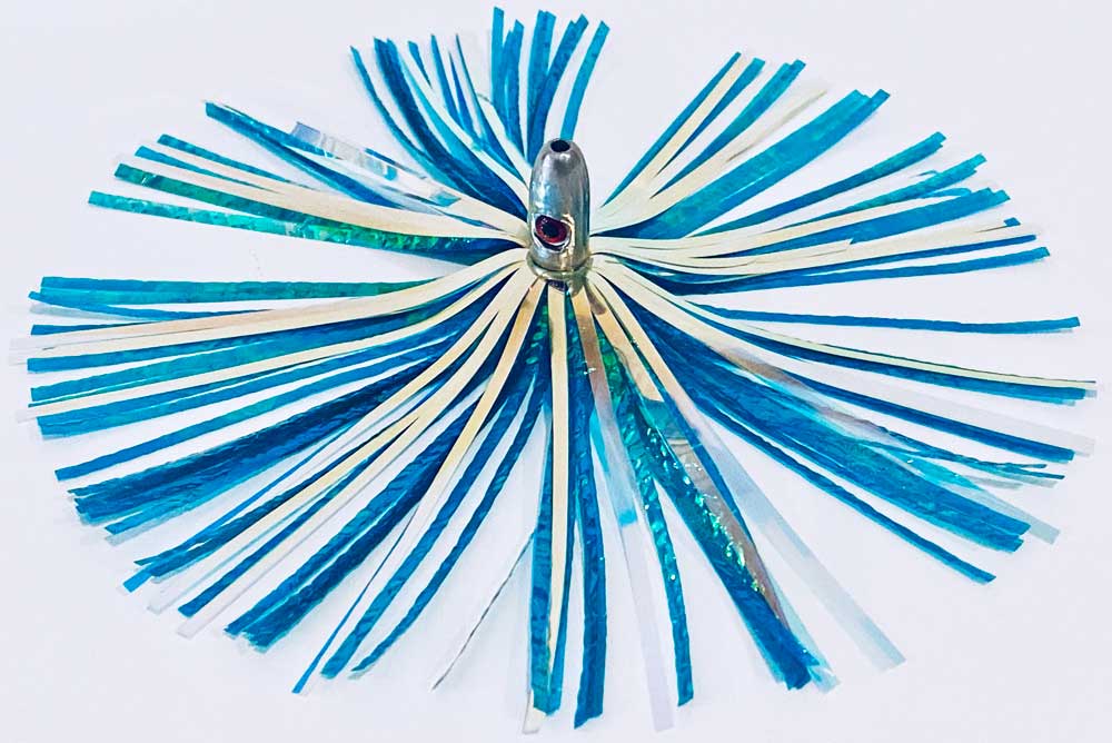 Mylar Duster Lure 4.5" Gold Green Crinkle with 1oz Silver Lead Head Red Eye - overhead view