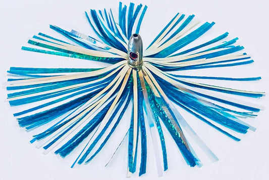 Mylar Duster Lure 4.5" Gold Green Crinkle with 1oz Silver Lead Head Red Eye - overhead view