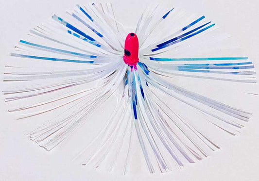 Mylar Duster Lure 4.5" Silver Holographic White Crinkle with 1oz Pink Lead Head - overhead view