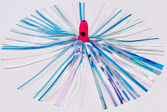 Mylar Duster Lure 4.5" Blue Cotton Candy Holographic with 1oz Pink Lead Head - overhead view