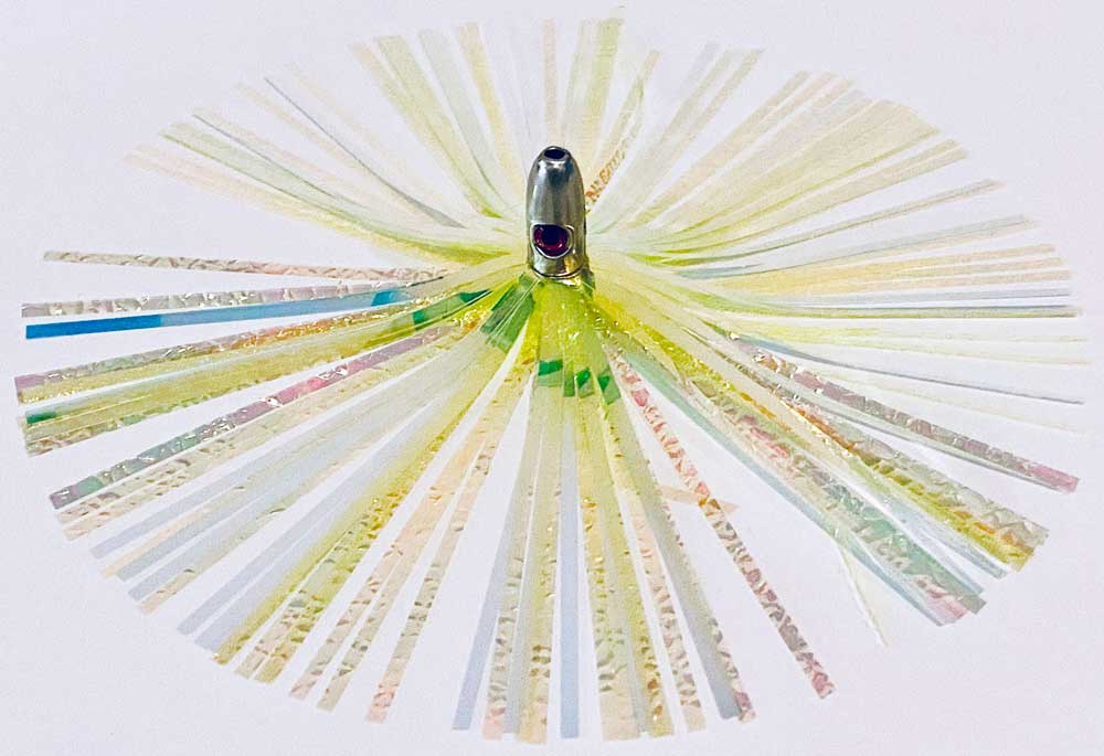 Mylar Duster Lure 4.5" Bright Yellow Gold Crinkle with 1oz Silver Lead Head - overhead view