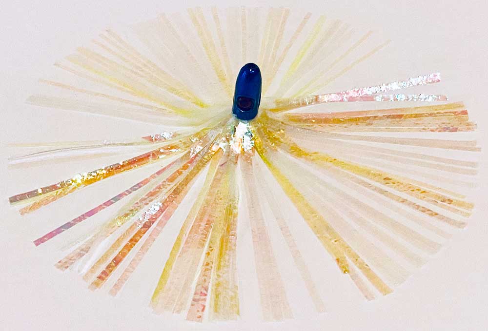 Mylar Duster Lure 4.5" Chartreuse Pearl Crinkle with 1oz Blue Lead Head - overhead view