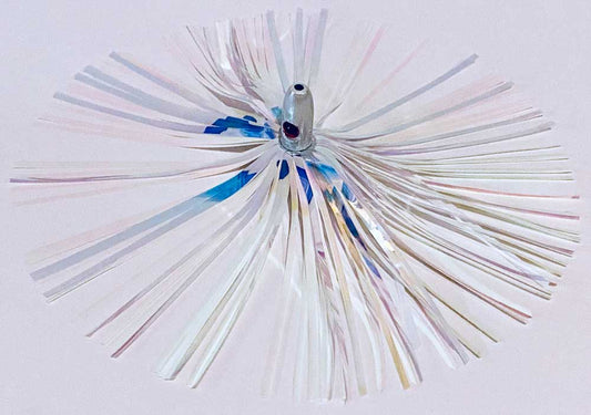 Mylar Duster Lure 4.5" Cotton Candy White Holographic with 1oz White Lead Head - overhead view
