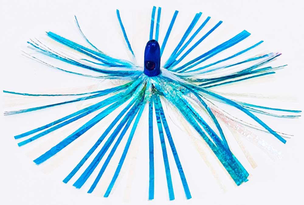 Mylar Duster Lure 4.5" Teal Cyan Pearl Crinkle with 1oz Blue Lead Head - overhead view