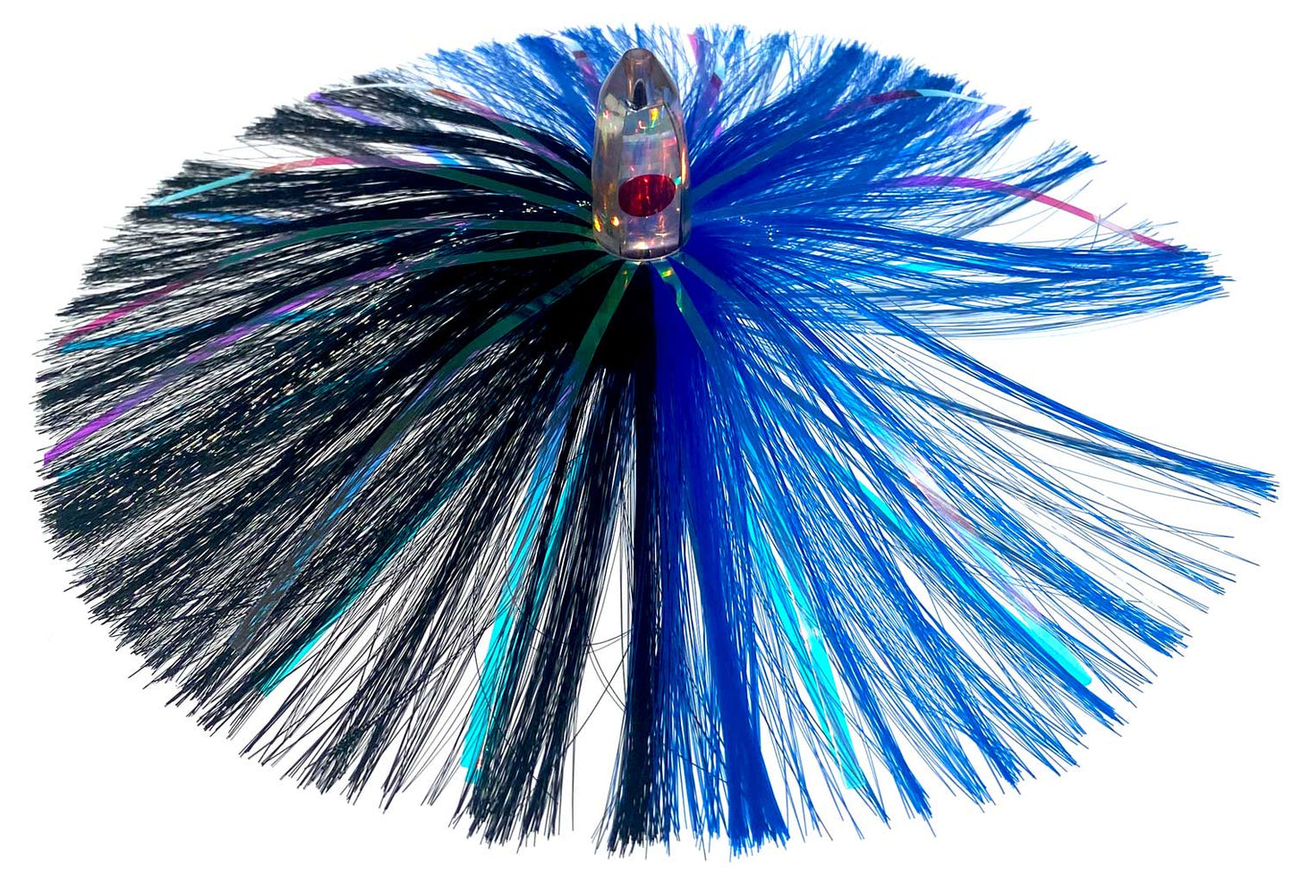 1oz HooSkull Mirror Head Witch Hair Trolling Lure – blue and black witch hair with mylar flash