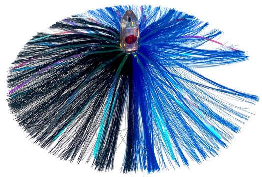 1oz HooSkull Mirror Head Witch Hair Trolling Lure – blue and black witch hair with mylar flash