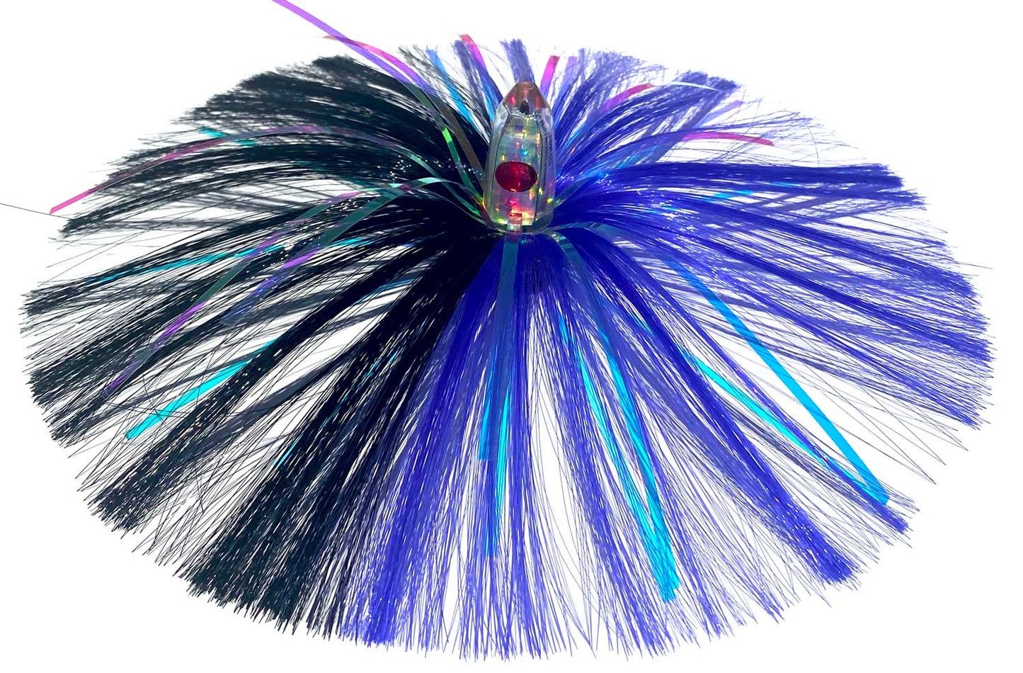 1oz HooSkull Mirror Head Witch Hair Trolling Lure – purple and black witch hair with multicolor mylar flash