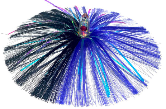 1oz HooSkull Mirror Head Witch Hair Trolling Lure – purple and black witch hair with multicolor mylar flash