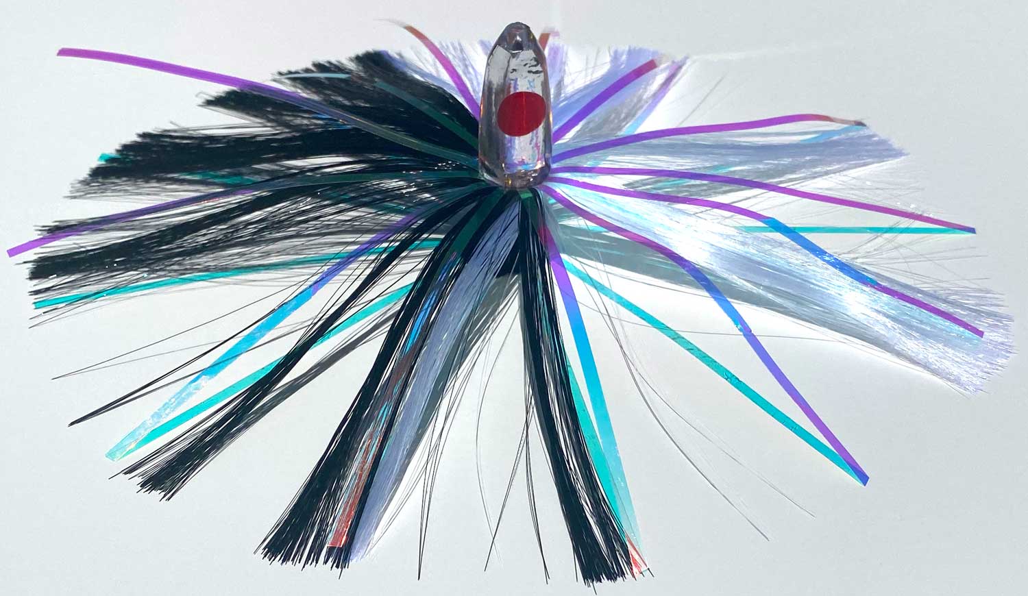 1oz HooSkull Mirror Head Witch Hair Trolling Lure – black and white witch hair with multicolor mylar flash