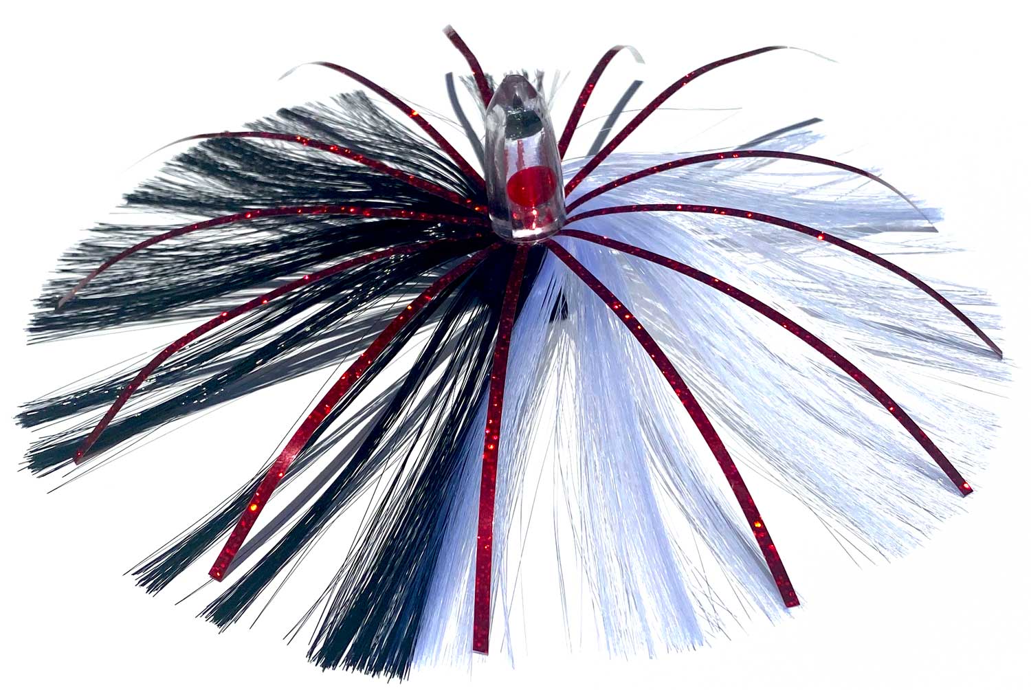 1oz HooSkull Mirror Head Witch Hair Trolling Lure – black and white witch hair with red mylar flash