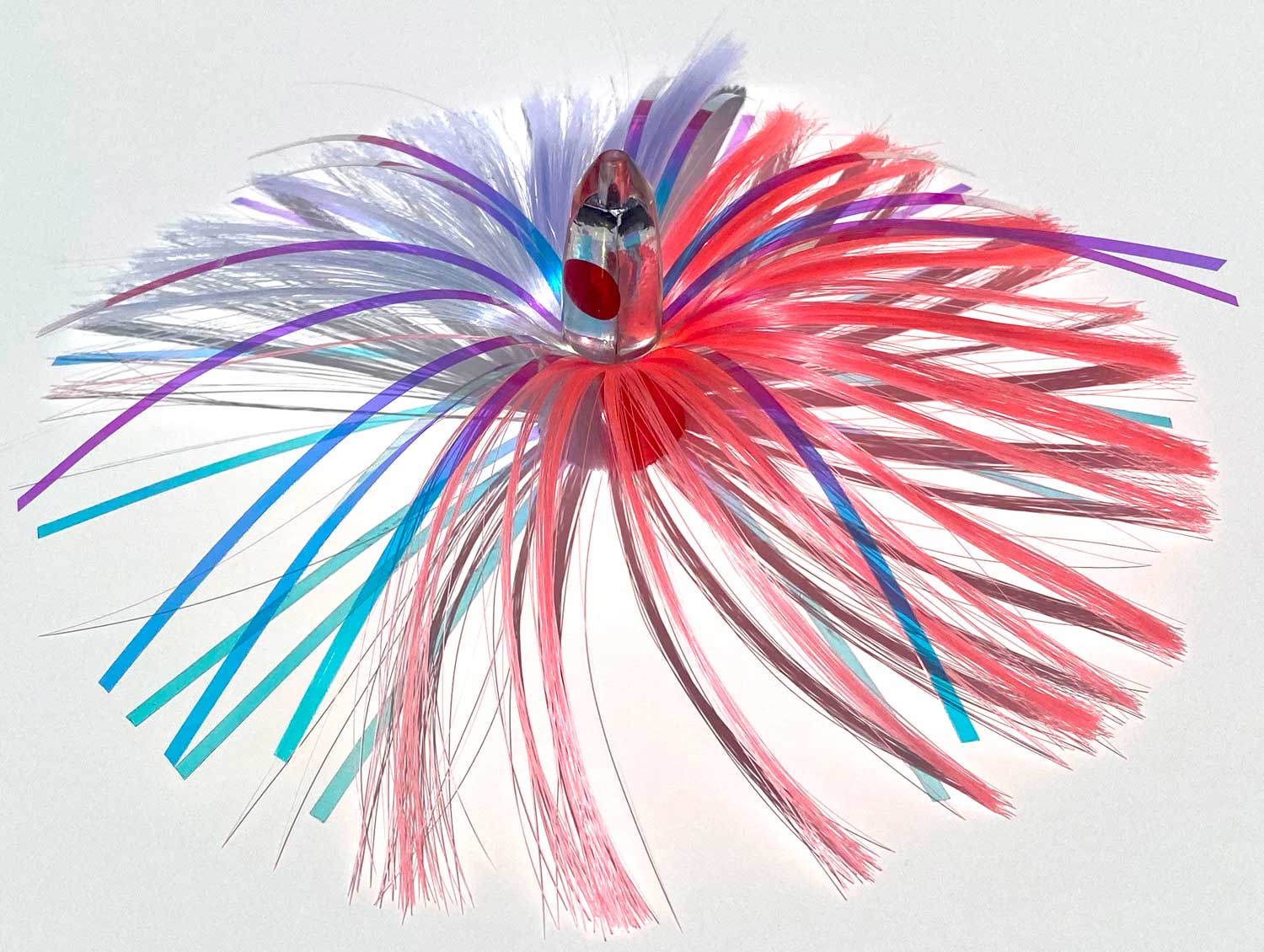 1oz HooSkull Mirror Head Witch Hair Trolling Lure – pink and white witch hair with multicolor mylar flash