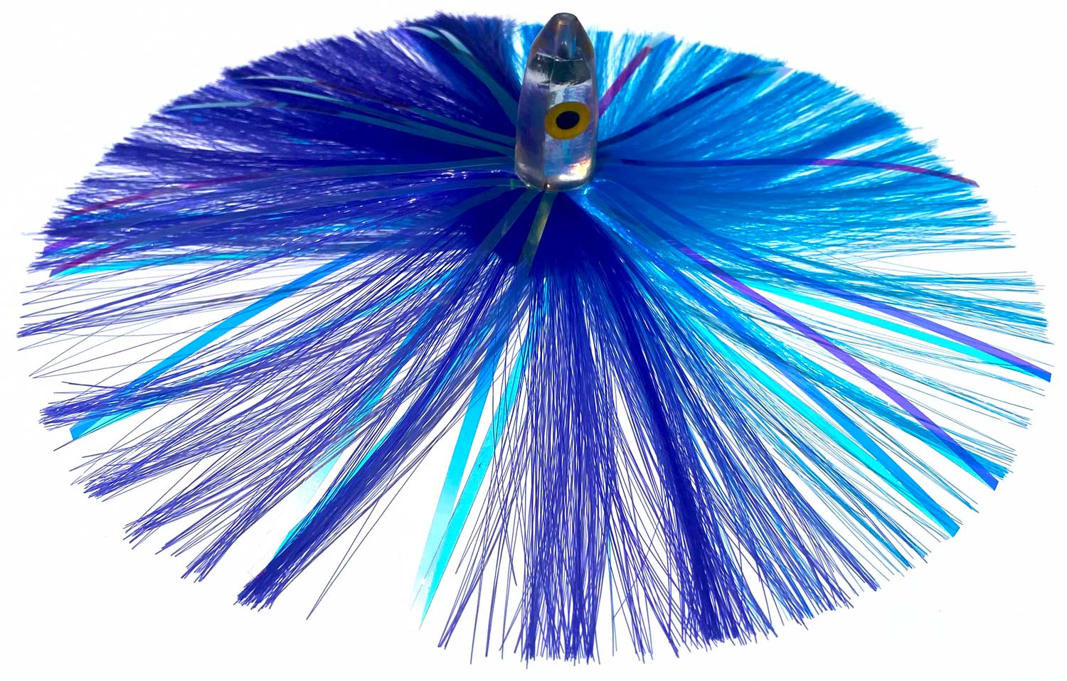 1oz HooSkull Mirror Head Witch Hair Trolling Lure – purple and electric blue witch hair with multicolor mylar flash