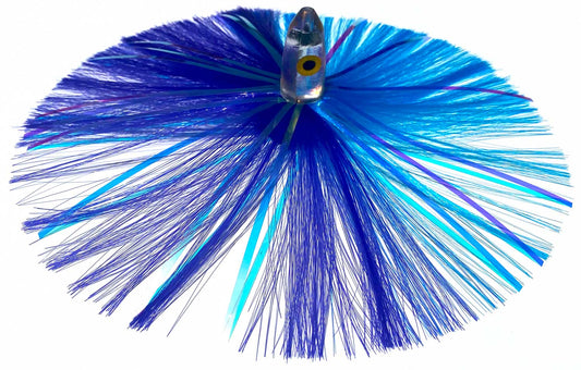 1oz HooSkull Mirror Head Witch Hair Trolling Lure – purple and electric blue witch hair with multicolor mylar flash