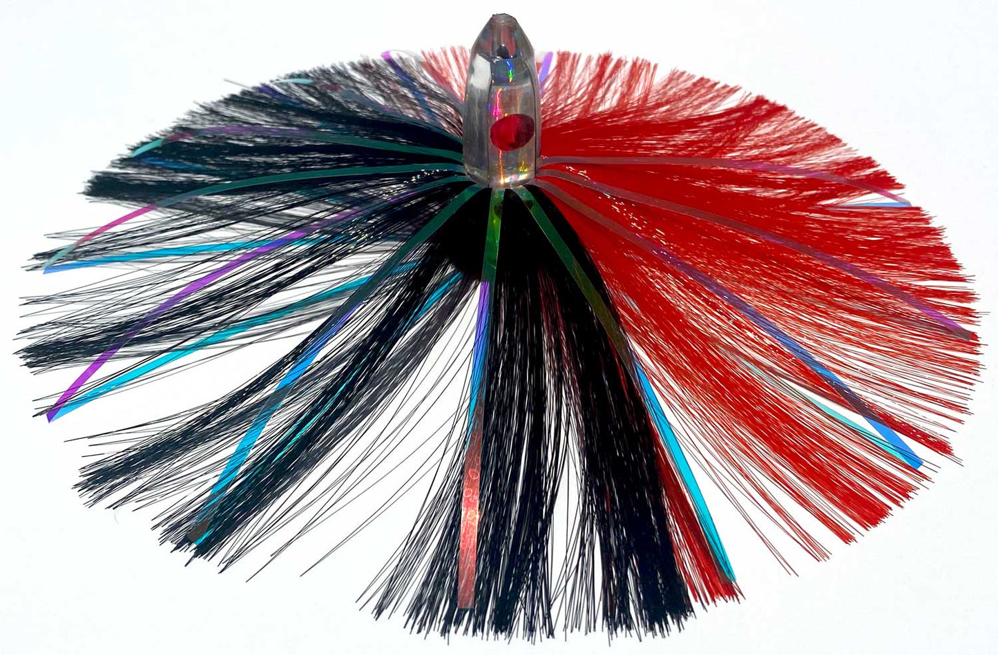 1oz HooSkull Mirror Head Witch Hair Trolling Lure – red and black witch hair with multicolor mylar flash