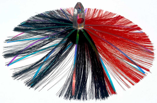 1oz HooSkull Mirror Head Witch Hair Trolling Lure – red and black witch hair with multicolor mylar flash
