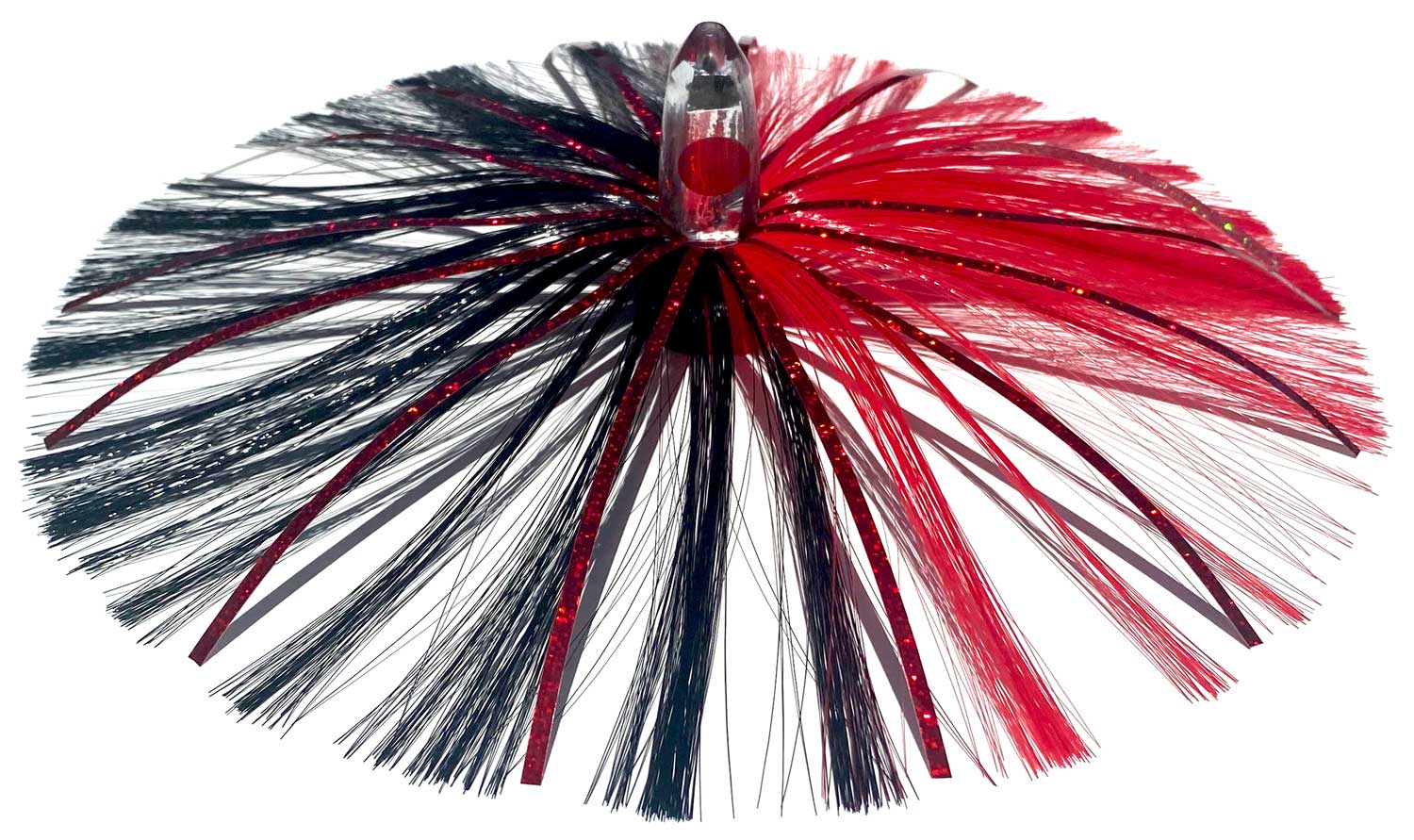 1oz HooSkull Mirror Head Witch Hair Trolling Lure – red and black witch hair with red mylar flash
