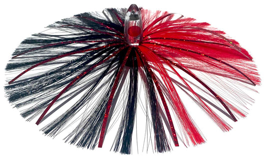 1oz HooSkull Mirror Head Witch Hair Trolling Lure – red and black witch hair with red mylar flash
