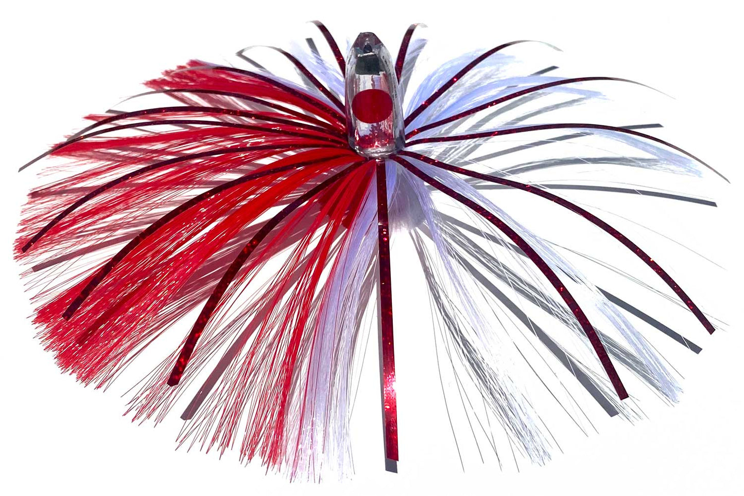 1oz HooSkull Mirror Head Witch Hair Trolling Lure – red and white witch hair with red mylar flash