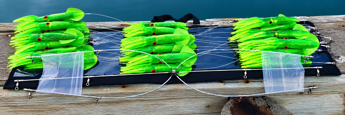 Stainless Steel Squid Dredge Moon Tide Tackle 36" 13-Drop Green Glitter