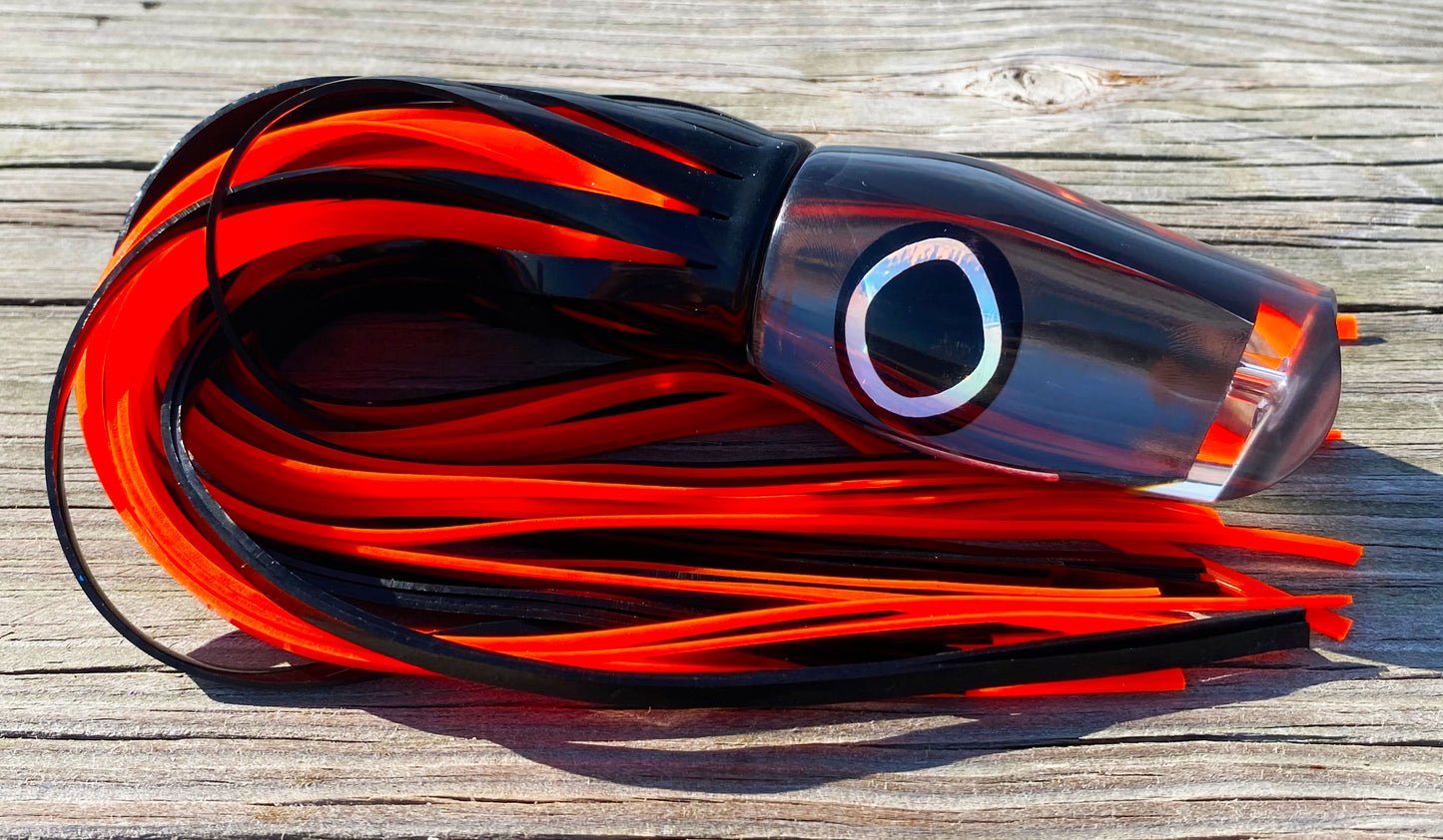 Moon Tide Marlin Seeker big game trolling lure - black smoke head with black and orange double skirts
