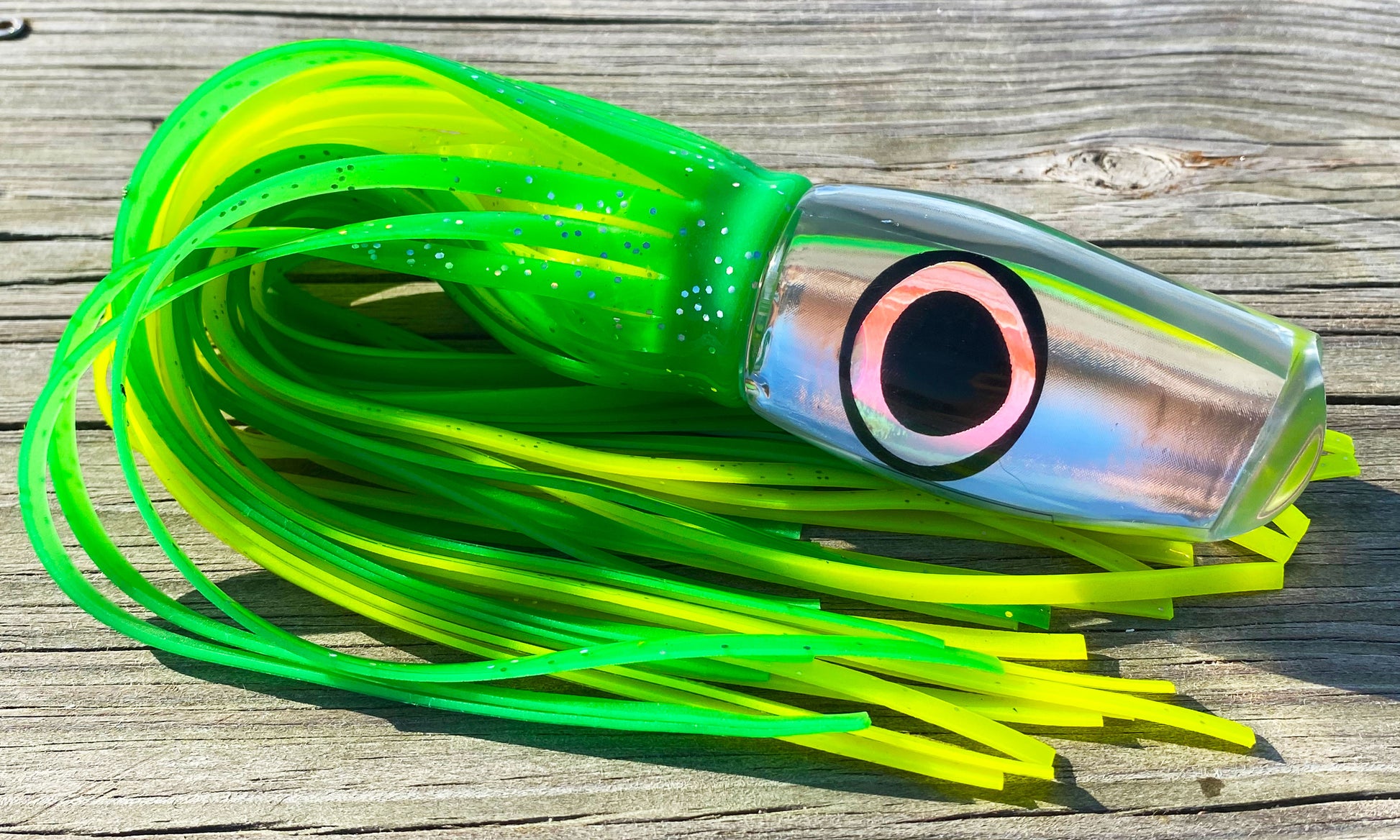 Moon Tide Marlin Seeker Green/Chartreuse big game trolling lure - clear mirrored head with green and chartreuse double skirts