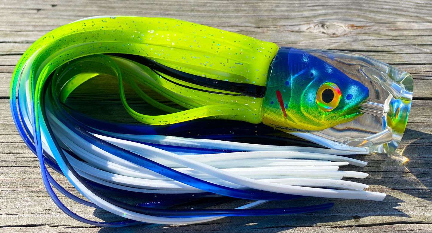Moon Tide Mahi Dog big game trolling lure - mahi dog head insert with chartreuse, green, blue and white double skirts