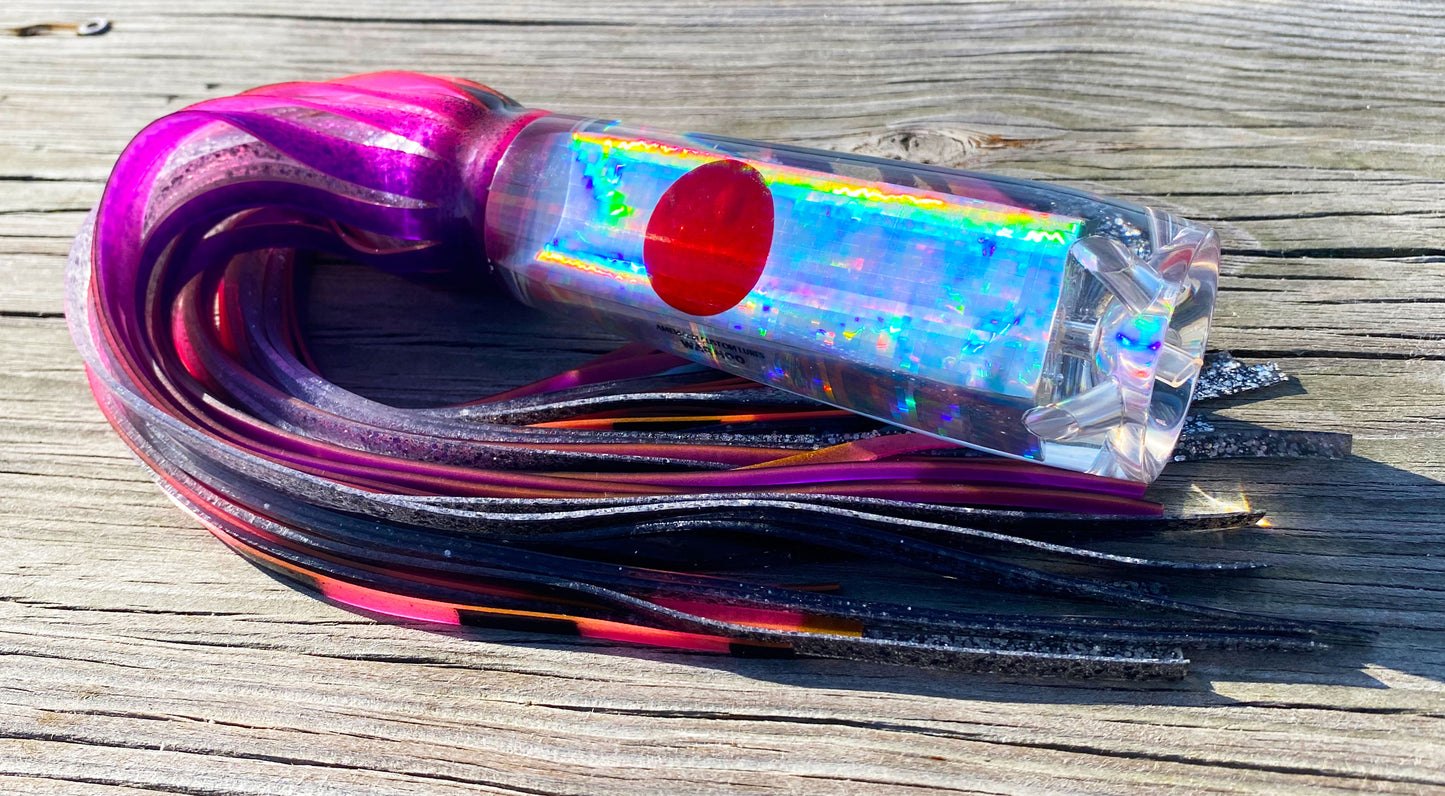 Moon Tide Big Dawg big game trolling lure - clear holographic silver head with pink/purple/black and silver/black double skirts