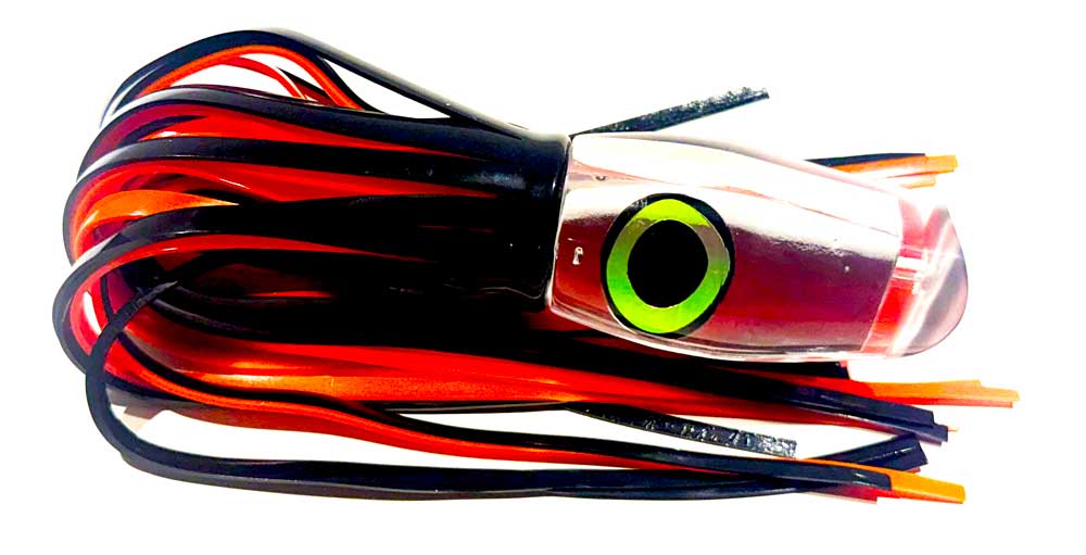 Marlin Seeker 14.75 inch clear mirror head big game trolling lure with black and orange double skirts