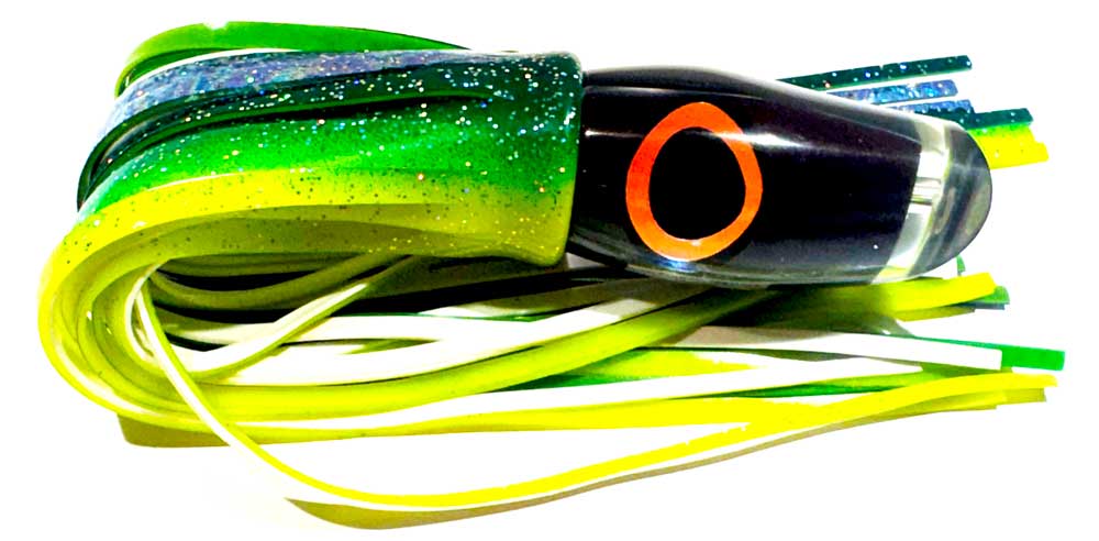 Marlin Seeker 14.75 inch smoke head big game trolling lure with green chartreuse and white double skirts