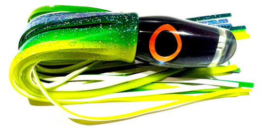 Marlin Seeker 14.75 inch smoke head big game trolling lure with green chartreuse and white double skirts