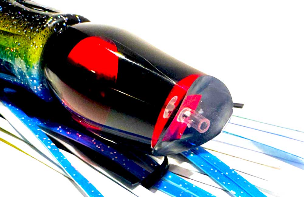Close-up of the Marlin Seeker concave curved black head with red mirror eye
