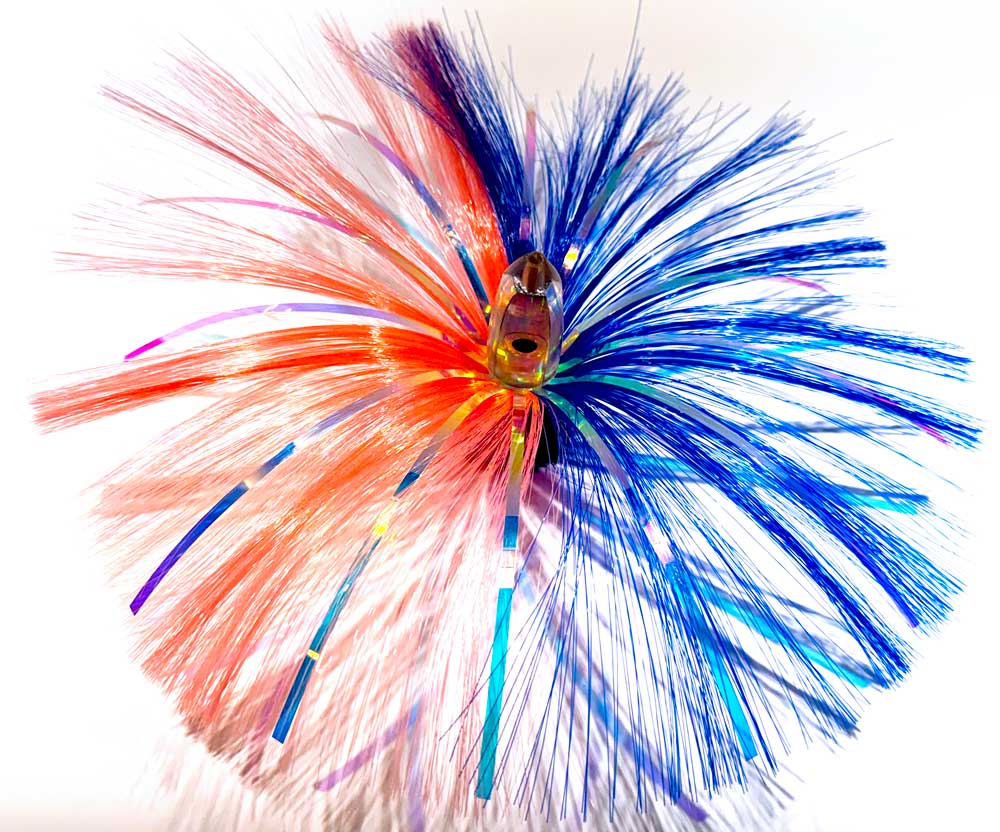 1oz HooSkull Mirror Head Witch Hair Trolling Lure – Pink/Blue Mylar