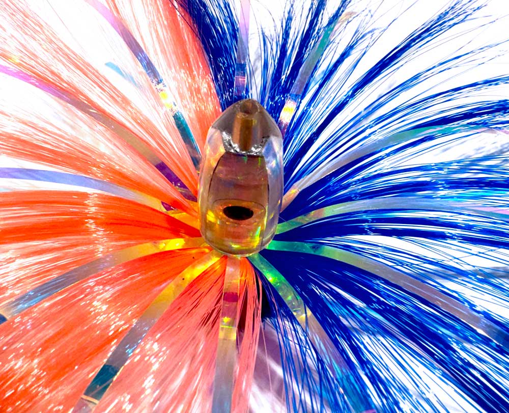 1oz HooSkull Mirror Head Witch Hair Trolling Lure – Pink/Blue Mylar