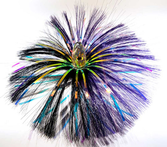 3oz HooSkull mirror head witch hair trolling lure in purple/black with holographic mylar flash