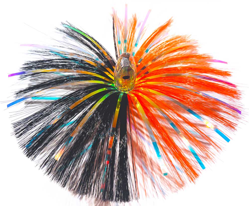 3oz HooSkull mirror head witch hair trolling lure in black/orange with holographic mylar flash
