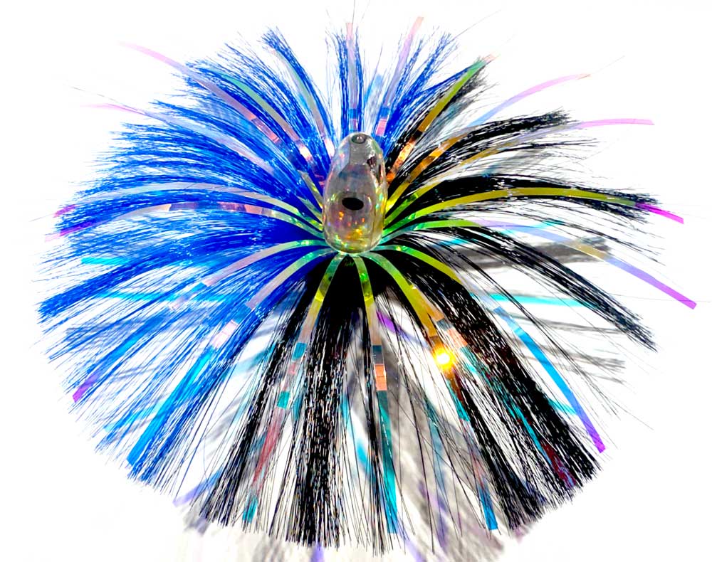 3oz HooSkull mirror head witch hair trolling lure in blue/black with holographic mylar flash