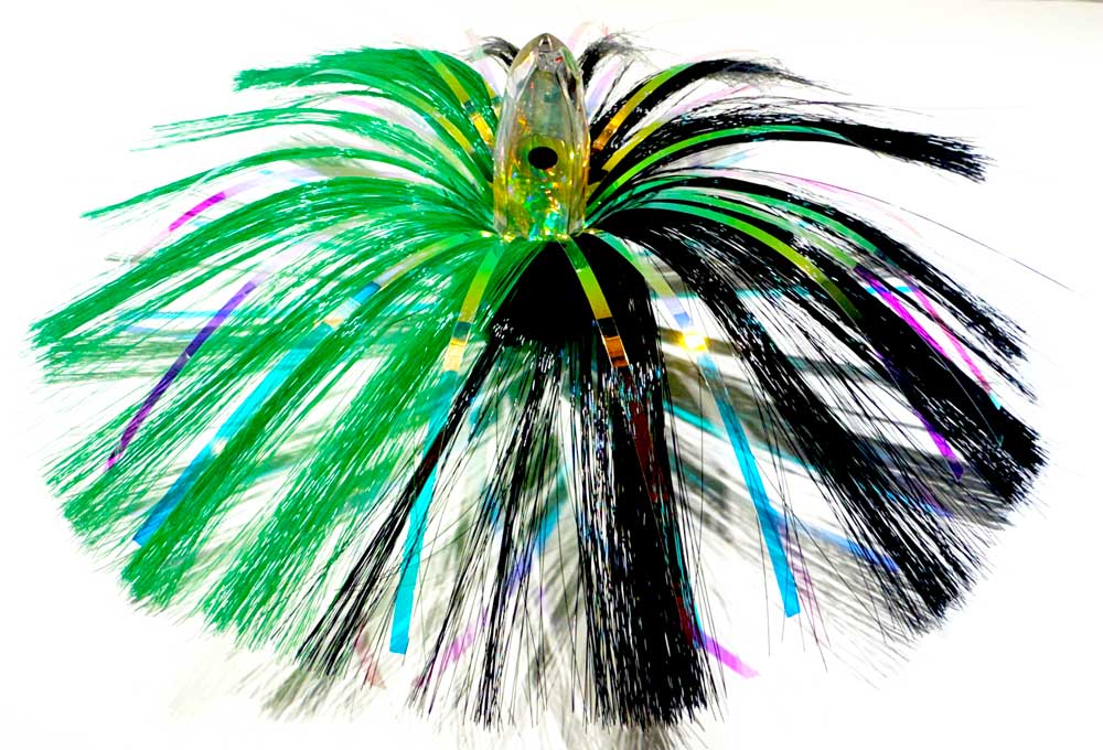 3oz HooSkull mirror head witch hair trolling lure in green/black with holographic mylar flash