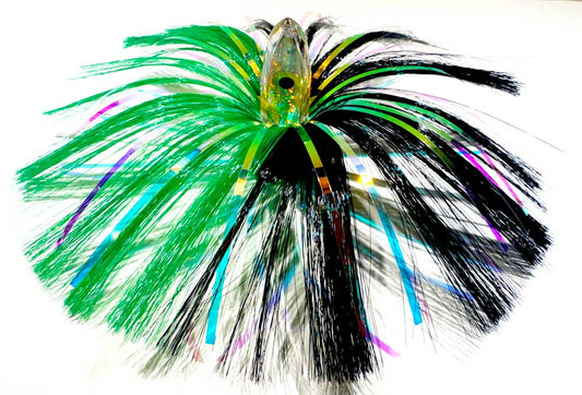 3oz HooSkull mirror head witch hair trolling lure in green/black with holographic mylar flash