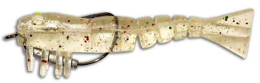 Side profile of Moon Tide Clear Glitter artificial shrimp lure showing segmented body and tail