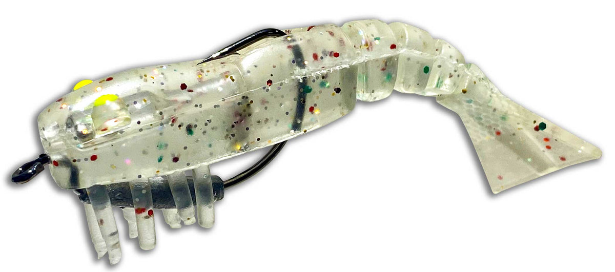 Moon Tide 3-1/4-inch Clear Glitter artificial shrimp lure with weighted hook, side view