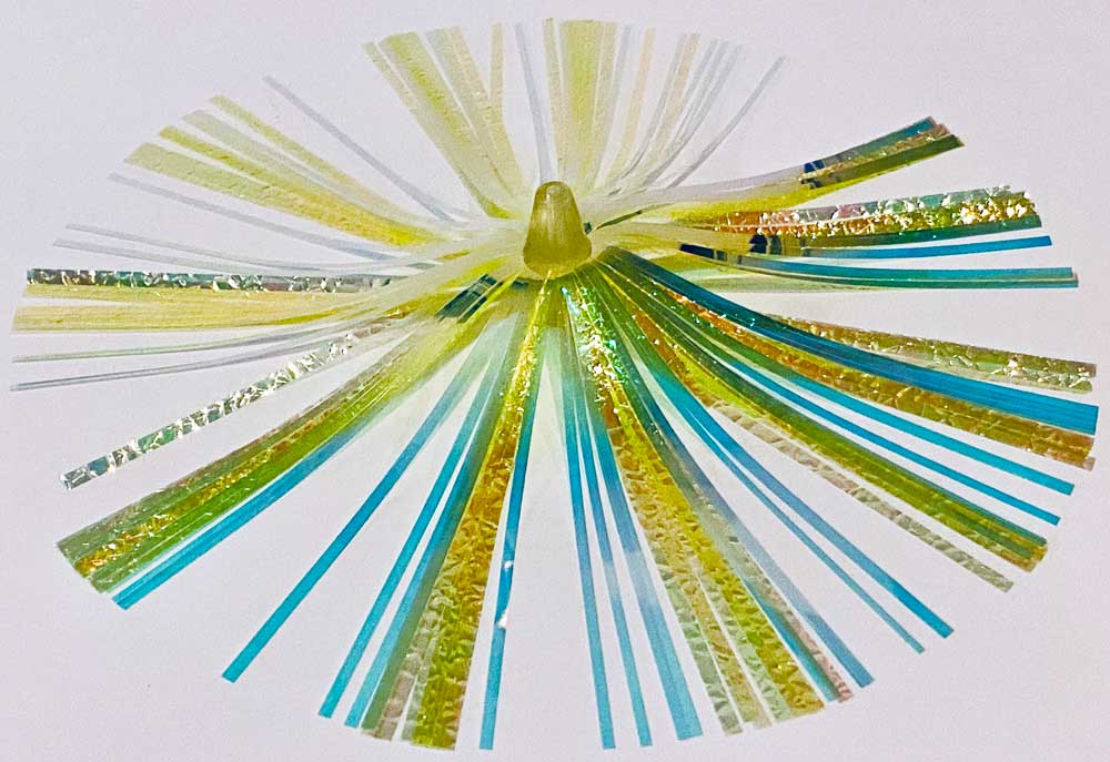 2.5gram Mylar Duster Chartreuse Crinkle Flash 4-1/2" - overhead view