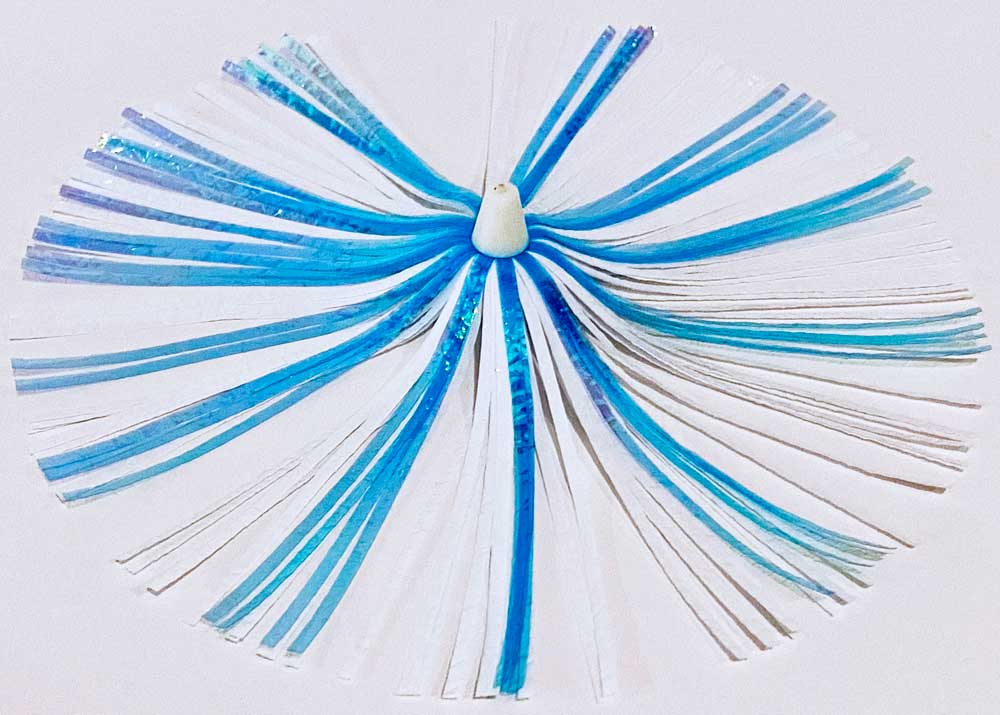 Mylar Duster Lure 4.5" Teal Blue White Crinkle Holographic - overhead view