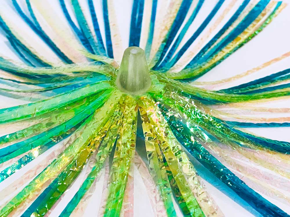 Mylar Duster Lure 4.5" Green Chartreuse Crinkle - close up of clear acrylic head